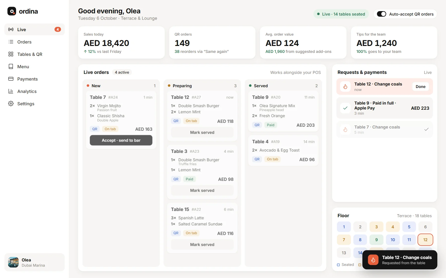 Ordina venue dashboard with live orders